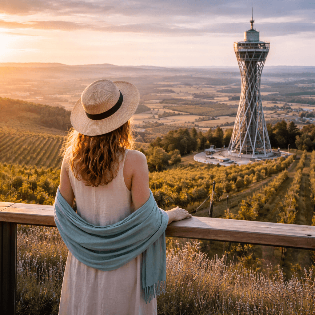 Razgledni stolp Vinarium nad Lendavskimi goricami z razgledom na vinograde in panoramsko pokrajino v zlati večerni svetlobi. pogled z vinarium stolpa ob sončnem zahodu